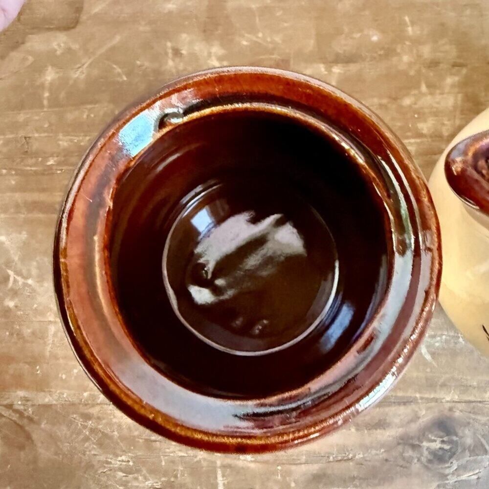 Vintage Stoneware Creamer & Sugar Bowl Set | Brown Drip Glaze Wheat Design - Picture 4 of 11